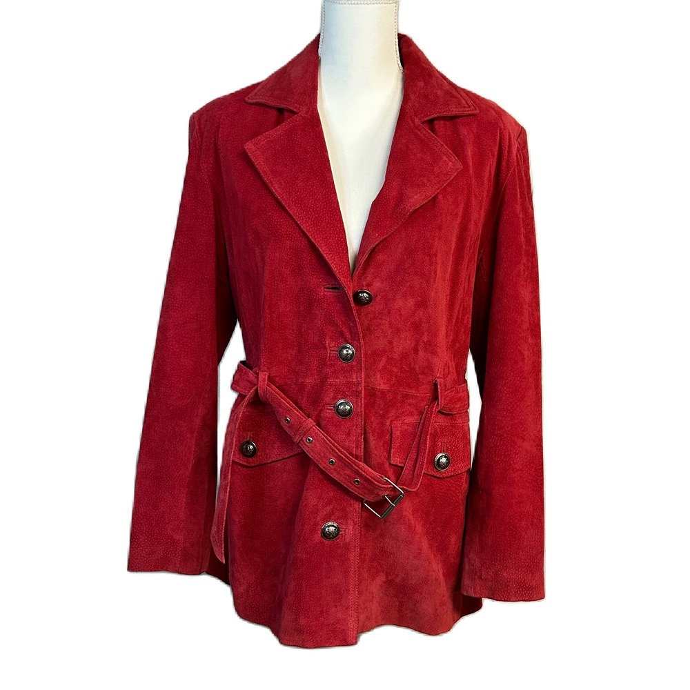 Vtg Jacqueline Ferrar Womens Y2k Suede Jacket Belted M Button Up Chic Luxe Red